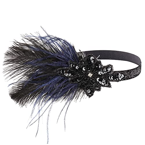 Stirnband 90er Jahre Damen 1920er Flapper Stirnband Schwarz Feder Kopfbedeckung Strass Haarband Cocktail Kopf Zubehör für Frauen Stirnband Zähne (Schwarz, Einheitsgröße) von Generic