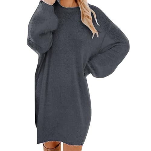 Strickkleid Damen Herbst Winter Pulloverkleid Langarm Rollkragen Knielang Midi Kleider Oversize Pullikleid Casual Warme Winterkleid Strick Freizeit Minikleid (Grau 02, L) von Generic