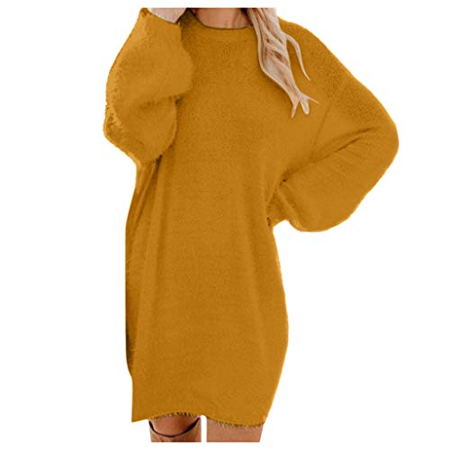 Strickkleid Damen Herbst Winter Pulloverkleid Langarm Rollkragen Knielang Midi Kleider Oversize Pullikleid Casual Warme Winterkleid Strick Freizeit Minikleid Gold L von Generic