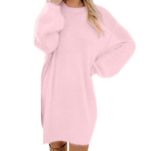 Strickkleid Damen Herbst Winter Pulloverkleid Langarm Rollkragen Knielang Midi Kleider Oversize Pullikleid Casual Warme Winterkleid Strick Freizeit Minikleid Rosa 02 XXL von Generic