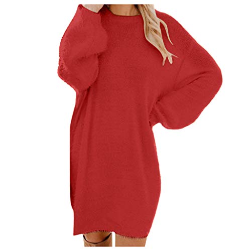 Strickkleid Damen Herbst Winter Pulloverkleid Langarm Rollkragen Knielang Midi Kleider Oversize Pullikleid Casual Warme Winterkleid Strick Freizeit Minikleid Rot XL von Generic