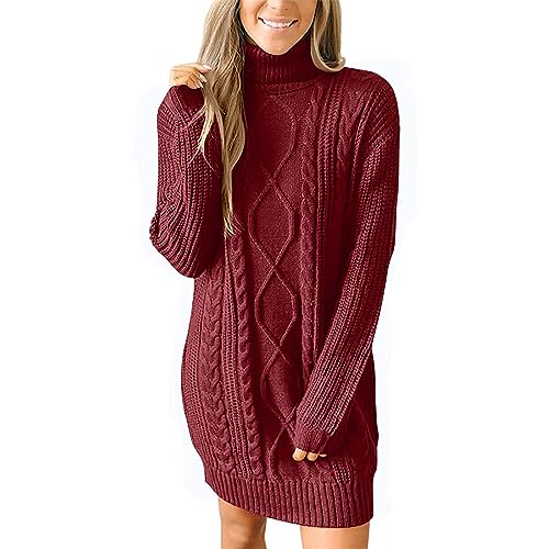 Strickkleid Damen Rollkragen Pulloverkleid Zopfmuster Strickpullover Sweater Lang Strickpullover Minikleid Elegant Tunika Langarmkleid Grobstrickpullover Kleid Gestrickte Pullikleid für Herbst Winter von Generic