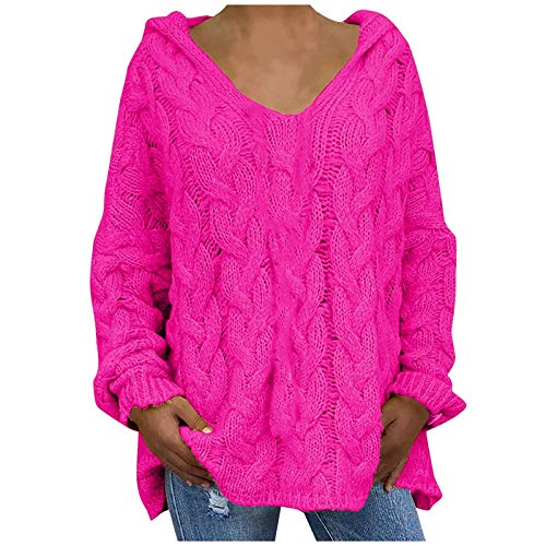 Strickpullover Damen Teddy Fleece Kawaii Langarm Schulterfrei Freizeit Sport Langarmshirts Grobstrick Elegant Langarm Locker Rundhals Langarm Rundhals Lose Lang Tops Hot Pink S von Generic