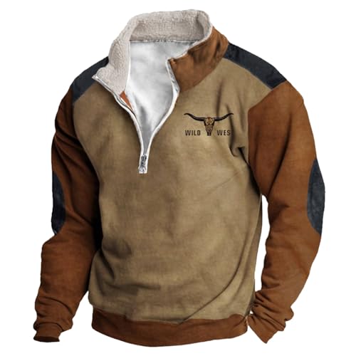 Sweatshirt Herren, Herren Pullover Warm Zip Up Stehkragen Patchwork Sweatshirt Ohne Kapuze für Männer Herbst Winter Casual Mode Pullover Ethnische Drucken Oversized Streetwear Langarmshirt von Generic