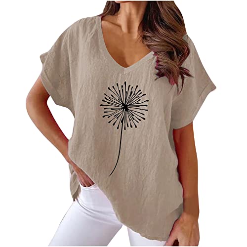 T-Shirt Damen Oversize Leinenbluse Oberteile Baumwolle Leinen Shirts Sommer Kurzarm Tops Pusteblume Motiv Leinenoberteile Vintage Tunika Sommertops Mode Lose Pullover Tshirt Festlich Hemdbluse von Generic