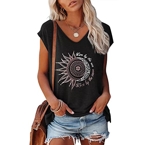 Tshirt Damen Oberteile Elegant Kurzarm Shirt Crop Tops Casual Longshirt Lose Flügelärmeln Ärmellose V-Ausschnitt Tunika Sommer Tank Tops Sporttop Basic T-Shirt von Generic