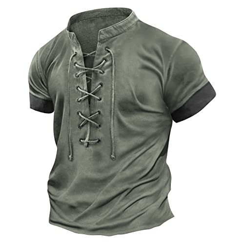 Tshirt Herren Henley Shirt Herren Kurzarm Sommer Tops Vintage Männer Oberteile Stylisch T Shirt Mit Schnürung Herren Sport Shirt Männer Fitness T-Shirt Herren Großen Größen Grün XXL von Generic