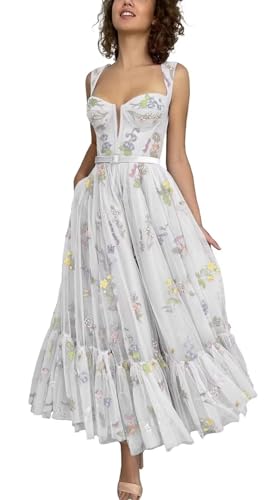 TüLl-Abschlussballkleid FüR Teenager Schulterfrei Blumenstickerei Heimkehrkleider A-Linie Korsett TeeläNge Formelle Partykleider White L TüLl-Abschlussballkleid FüR Teenager Schulterfrei Blumenstickerei Heimkehrkleider A-Linie Korsett TeeläNge Formelle Partykleider White L von Generic