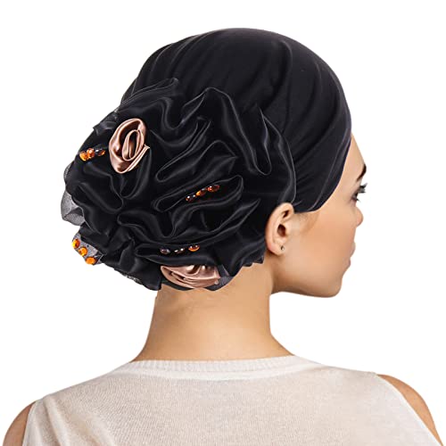 Turban Hut Damen Sommer Elastisch Wraps Blumennmuster Kopftuch Chemo Hut Kopfbedeckung Kopfbedeckungen Kappe Kopfband Turban Mütze Beanie (Black, One Size) von Generic