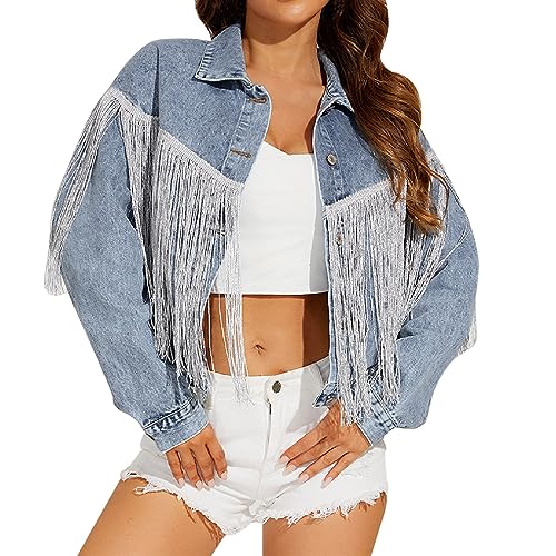 Übergangsjacke Damen Kurz Jeansjacke mit Fransen Denim Casual Lanarm Vintage Streetwear Jacket Sommerjacke Damen Übergangsjacke Damen Kurz Jeansjacke mit Fransen Denim Casual Lanarm Vintage Streetwear Jacket Sommerjacke Damen von Generic