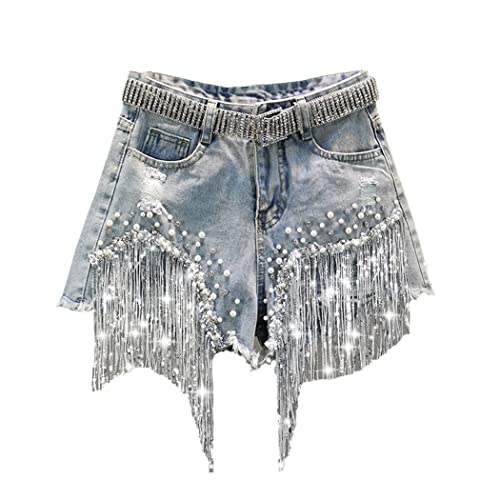 Weibliche Denim-Shorts Sommer Hohe Taille Schwere Perlen Pailletten Fransen Ripped Wide Leg Jeans Hot Pants, C (kein Gürtel), L von Generic