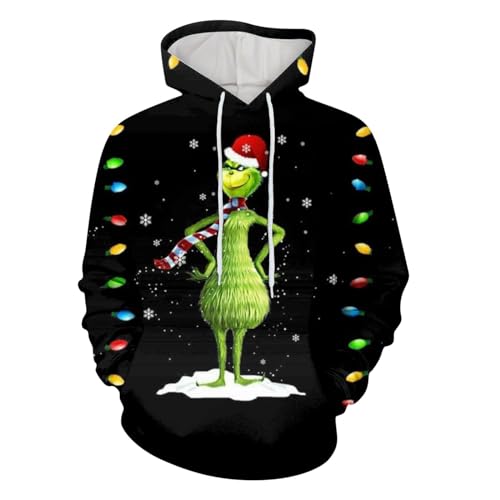 Weihnachten Hoodie Herren und Damen Grinch Weihnachtspullover 3D Lustig Kapuzenpullover Oversize Weihnachts Sweatshirt mit Tasche Langarmshirt Pullover Herbst Winter Festlich Oberteile Pulli von Generic