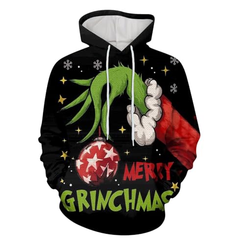 Weihnachten Hoodie Herren und Damen Grinch Weihnachtspullover 3D Lustig Kapuzenpullover Oversize Weihnachts Sweatshirt mit Tasche Langarmshirt Pullover Herbst Winter Festlich Oberteile Pulli von Generic