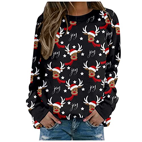 Weihnachtsdruck Sweatshirt mit Rundhalsausschnitt Pullover Dicke Freizeitbluse Strandkleid Schwarz (Black, XL) von Generic