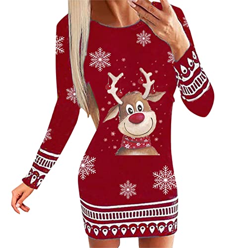 Weihnachtskleid Damen Weihnachten Pullover Kleider Damen Langarm Rundhals Kleid Weihnachtskleid Winter Drucken Shirtkleid Minikleid mit Elchmuster Slim Fit Party Dress von Generic