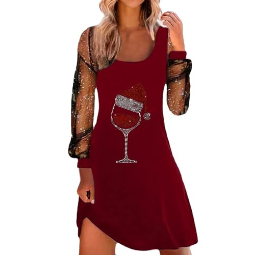 Weihnachtskleid Damen Weihnachten Rot Weinglas Druck Minikleid Sexy Mesh Partykleid Lose Rundhals Langarm Kleider Herbst Christmas Festkleid Langarm Partykleid Pailletten Glitzer (c-Red, XXL) von Generic