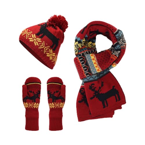 Weihnachtsschal Mütze Schal Handschuhe Set Herren Wintermütze Touchscreen Handschuhe Lange Schal Damen Winter Warme 3 in 1 Set Unisex Strickmütze Schlauchschal Winterhandschuhe von Generic