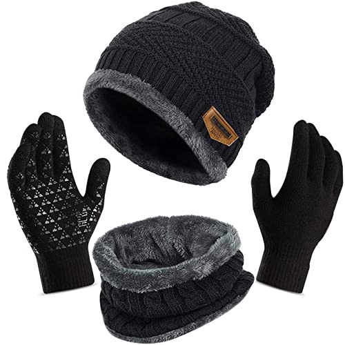 Winter Beanie Mütze Schal und Touchscreen Handschuhe Set, Strick-Thermo-Set mit Kuscheligem Fleece-Futter, Slouchy Beanie-Kappe, Nackenwärmer und Handschuhe für Damen und Herren von Generic