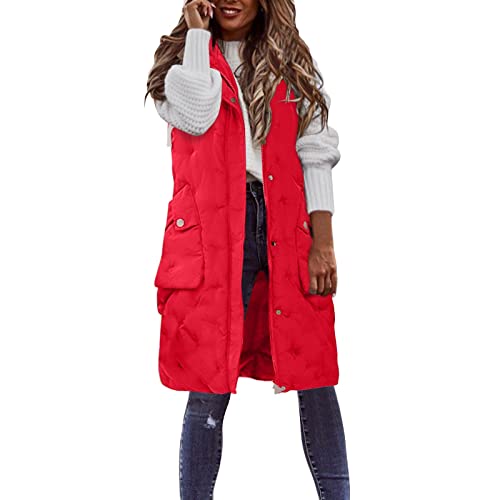 Winterjacke Damen Große Größe Lang Steppweste Warm Winter Ärmellose Kapuzenweste Longweste Leicht Gesteppt Lange Jacke Weste Übergangsweste Winterweste Outdoorweste mit Kapuze(A Rot,5XL) von Generic