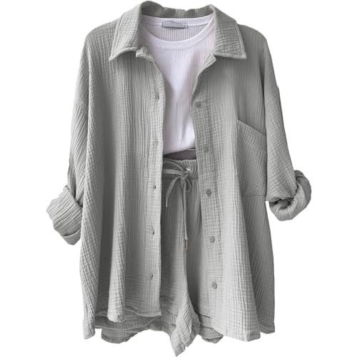 Yoga Outfit Damen Set Kurz 2 Teiler Zweiteiler Für Damen Sommer Kleidung Casual Anzug Sommer Outfit Damen Festival Outfit Damen Outfit Damen Set Kurz Kleidung Damen Sommer（2-Light Gray,S von Generic