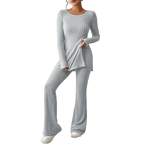 Zweiteiler Damen Strickanzug Langarm Gerippt Strickpullover + Lange Schlaghose Sportanzug Loun ge Set Freizeit Outfit es Baumwoll-Loun ge-Set Damen Retro Zweiteiler weiche Bequeme (01 Grau, S) von Generic