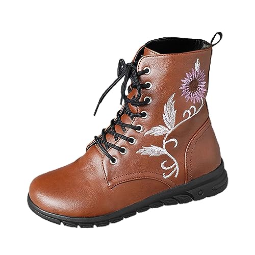 , einfarbig, kurze Stiefel, PU, Sonnenblumen-Stil, lockerer hinterer Absatz, kurzer Absatz, mittlere Wadenstiefel Damen Chucks Schuhe (Brown, 40) von Generic