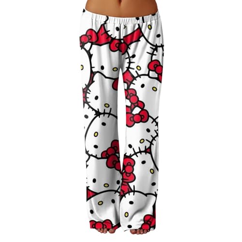 𝒉𝒆𝒍𝒍𝒐 𝒌𝒊𝒕𝒕𝒚𝒔 Schlafanzug Damen Hosen Lang Baumwolle Schlafanzug Kawaii Sommer Schlafhose Pyjama Weich Bequeme Kuschelhose Lustige Geschenke Rot M Pyjamahose von Generic