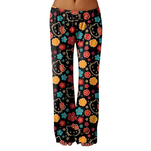 𝒉𝒆𝒍𝒍𝒐 𝒌𝒊𝒕𝒕𝒚𝒔 Schlafanzug Damen Hosen Lang Baumwolle Schlafanzug Warm Kawaii Sommer Schlafhose Pyjama Weich Bequeme Winter Kuschelhose Geschenke Für Frauen (Schwarz,S) von Generic