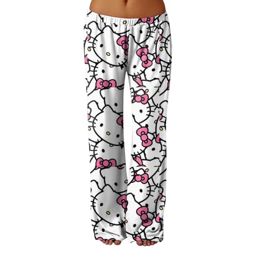 𝒉𝒆𝒍𝒍𝒐 𝒌𝒊𝒕𝒕𝒚𝒔 Schlafanzug Damen Hosen Lang Baumwolle Schlafhose Baumwolle Warm Kawaii Schlafanzug Pyjama Anime Bequeme Weich Kuschelhose Lustige Geschenke Weiß XXL Pyjamahose von Generic