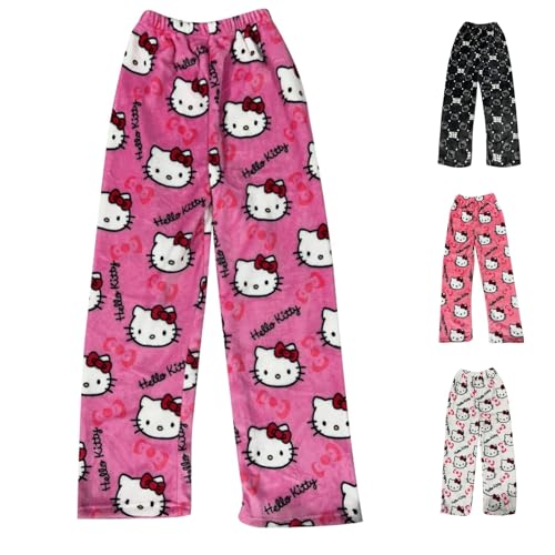 𝒉𝒆𝒍𝒍𝒐 𝒌𝒊𝒕𝒕𝒚𝒔 Schlafanzug Damen Hosen Lang Flanell Pyjama Kawaii Baumwolle Warm Schlafhose Schlafanzug Bequeme Weich Anime Kuschelhose Lustige Geschenke Rosa M von Generic