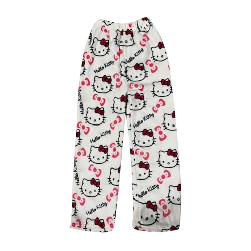 𝒉𝒆𝒍𝒍𝒐 𝒌𝒊𝒕𝒕𝒚𝒔 Schlafanzug Damen Hosen Lang Flanell Schlafhose Baumwolle Warm Kawaii Pyjama Schlafanzug Anime Winter Weich Kuschelhose Lustige Geschenke Weiß L von Generic