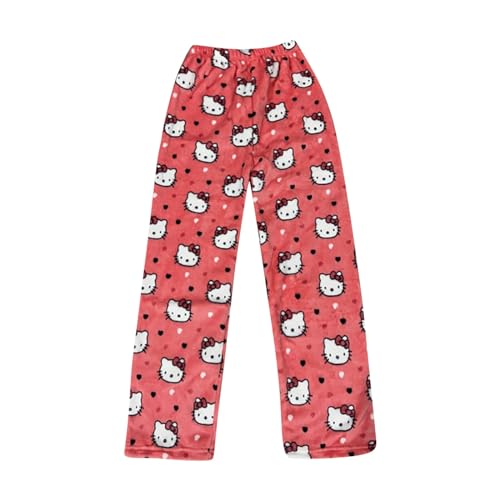 𝒉𝒆𝒍𝒍𝒐 𝒌𝒊𝒕𝒕𝒚𝒔 Schlafanzug Damen Hosen Lang Flanell Schlafhose Kawaii Baumwolle Warm Pyjama Schlafanzug Bequeme Weich Winter Kuschelhose Geschenke Für Frauen Pink L von Generic