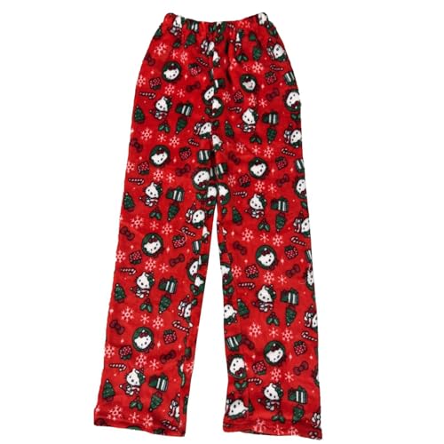 𝒉𝒆𝒍𝒍𝒐 𝒌𝒊𝒕𝒕𝒚𝒔 Schlafanzug Damen Hosen Lang Flanell Schlafhose Kawaii Warm Baumwolle Pyjama Schlafanzug Winter Weich Anime Kuschelhose Geschenke Für Frauen Rot M von Generic