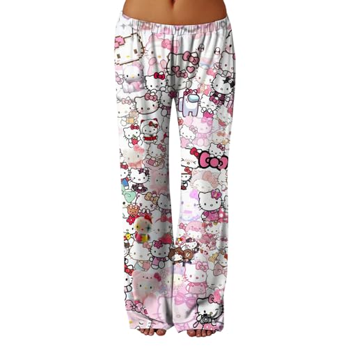 𝒉𝒆𝒍𝒍𝒐 𝒌𝒊𝒕𝒕𝒚𝒔 Schlafanzug Damen Hosen Lang Pyjamahose Baumwolle Pyjama Kawaii Sommer Warm Schlafanzug Schlafhose Weich Winter Anime Kuschelhose (Wassermelonenrot,L) von Generic