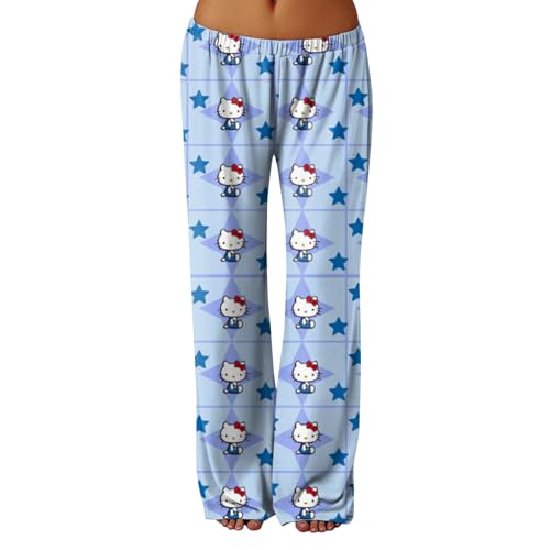 𝒉𝒆𝒍𝒍𝒐 𝒌𝒊𝒕𝒕𝒚𝒔 Schlafanzughose Damen Lang Hosen Baumwolle Pyjama Schlafhose Kawaii Warm Flanell Pyjama Schlafanzug Anime Bequeme Weich Kuschelhose Hellblau XXL Pyjamahose von Generic