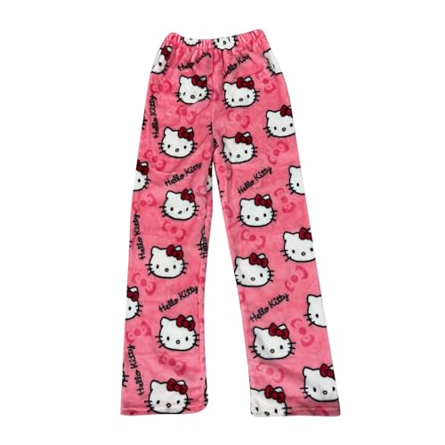 𝒉𝒆𝒍𝒍𝒐 𝒌𝒊𝒕𝒕𝒚𝒔 Schlafanzughose Damen Lang Hosen Flanell Pyjama Baumwolle Warm Kawaii Schlafanzug Schlafhose Weich Anime Winter Kuschelhose Lustige Geschenke Pink XXL von Generic