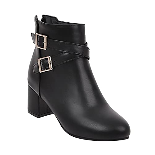 und Winter Frauen dicke Ferse kurze Stiefel Gürtelschnalle mittlerer Absatz seitlicher Reißverschluss Frauen Stiefel Stiefeletten Damen Sommer Rose (Black, 37) von Generic