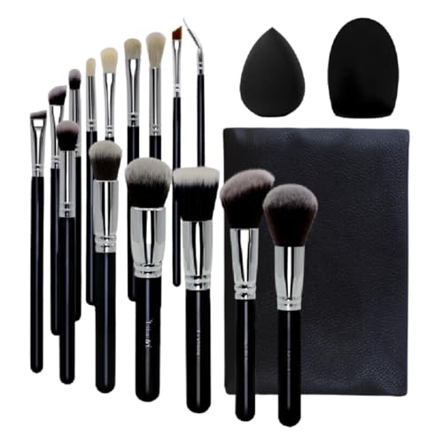 1 Make-up-Schwamm + Reiniger für Pinsel + 15 Stück Make-up-Pinsel-Set mit Aufbewahrungstasche für Grundierung, Blush, Lidschatten, synthetische Borsten, weich und ohne Tierversuche von Générique