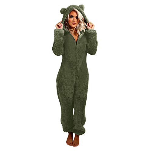 2024 Neue Weihnachten Frauen Langarm Kapuze Jumpsuit Pyjama Casual Winter Warm Romper Sleepwear Anorak Winter Große Größe, Armee grün, 54 von Générique