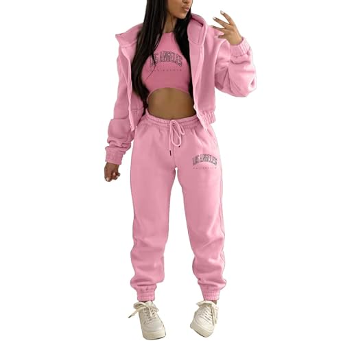 Générique 2024 - 3-teiliges Set mit Fleece-Futter und Buchstaben-Druck, sportlicher Trainingsanzug mit Kapuze, für Damen, preiswertes Geschenk (Pink, XL), Rosa, 46 von Générique