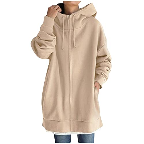 Générique 2024 – Mantel Mi- Damen Winter einfarbig Langarm Baggy Hoodie Reißverschluss Trenchcoat, kaki, 52 von Générique