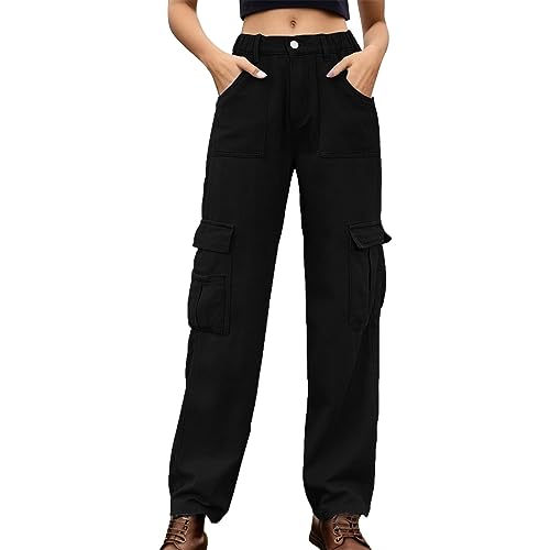 Générique Damen-Jeans, hohe Taille, breite Cargohose, Baggy, mehrere Taschen, Straight Hose, lässig, schmal, sportlich, Arbeit, Anthrazit, Säure, Wash High Waist Mom Jeans Damen, Schwarz , 40 von Générique