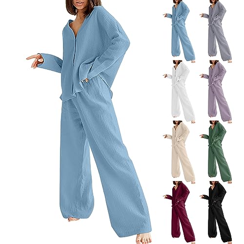 Générique Damen Mode einfarbig Baumwolle locker Hemd Langarm Pyjamas Zweiteiliges Set BH Verschluss vorne Spitze, blau, 36 von Générique