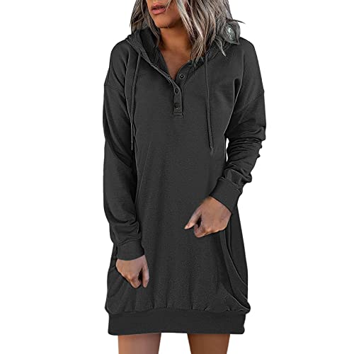 Générique Minirock Faux Bluse für Damen, Herbstkleid, Langarm, Sweatshirt, Knopfleiste, Kordelzug, Pullover, Oberteil, leichtes Kleid, Blumenkleid, lang, Schwarz, 48 von Générique