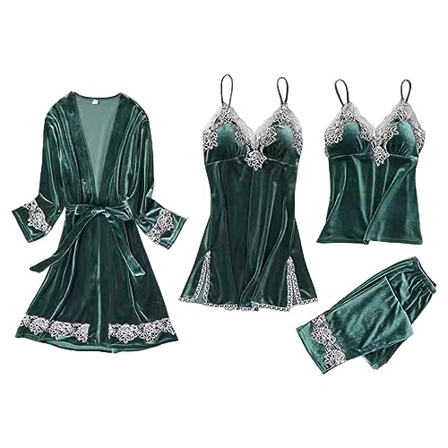 Générique Pyjama-Set für Damen aus Baumwolle – Sexy Pyjama aus Spitze für Damen, Pyjama-Set aus Samt, 4-teiliges Schlaf-Set für Frauen, grün, 50 von Générique