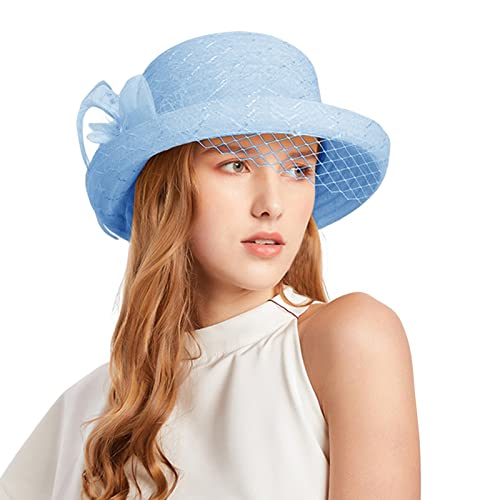 Générique Sommerkleid Damen Tuniken 2023/2024 Frühling Sommer Mesh Sonnenschirm Hut Blume Temperament Hochzeitskleid Sonnenhut Kuppel Hut Mode Hut für Damen Cowboy Original, hellblau, Einheitsgröße von Générique