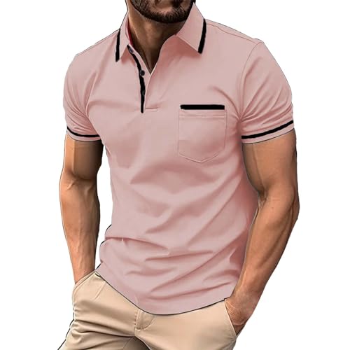 Générique Herren-Poloshirt, Sommer, kurzärmelig, Sommer-Poloshirt, lässig, Kontrastfarbe, klassisch, Tasche, T-Shirt, Sportpoloshirt, Tennis, Regular Fit, Herren, Stretch, Muskel, Rosa, L von Générique