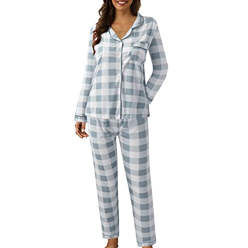 Pyjama für Damen, Sommer, warm, für den Winter, für den Innenbereich, 2023, Nachtwäsche, 2-teilig, bequem, Nachtwäsche, Schlafanzug, Langarm, lange Hose, Baumwolle, Sleepwear, blau, 38 von Générique