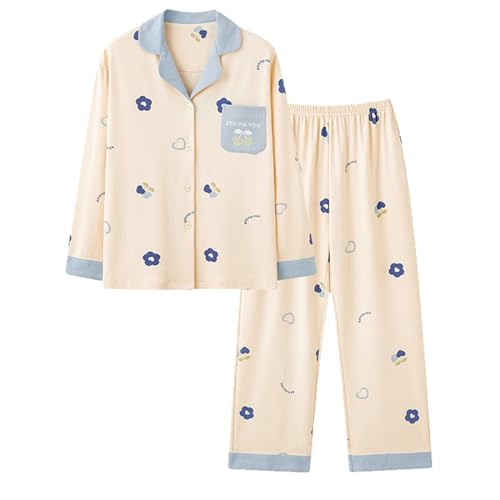 Pyjama für Damen, Winter, Baumwolle, Pyjama-Set, modisch, einfach, Knopfleiste, Langarm, Nachtwäsche, weich, bequem, warm, 2-teilig, Hauskleidung, 38 - Blau, 46 von Générique