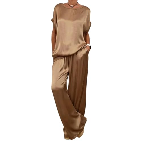 2-teiliger Damenanzug aus Satin, lässig, einfarbig, seidiger Damen-Pyjama, lässig, lockere Sommer-Lounge, zweiteiliges Set, dunkelbraun, L 2-teiliger Damenanzug aus Satin, lässig, einfarbig, seidiger Damen-Pyjama, lässig, lockere Sommer-Lounge, zweiteiliges Set, dunkelbraun, L von Generisch